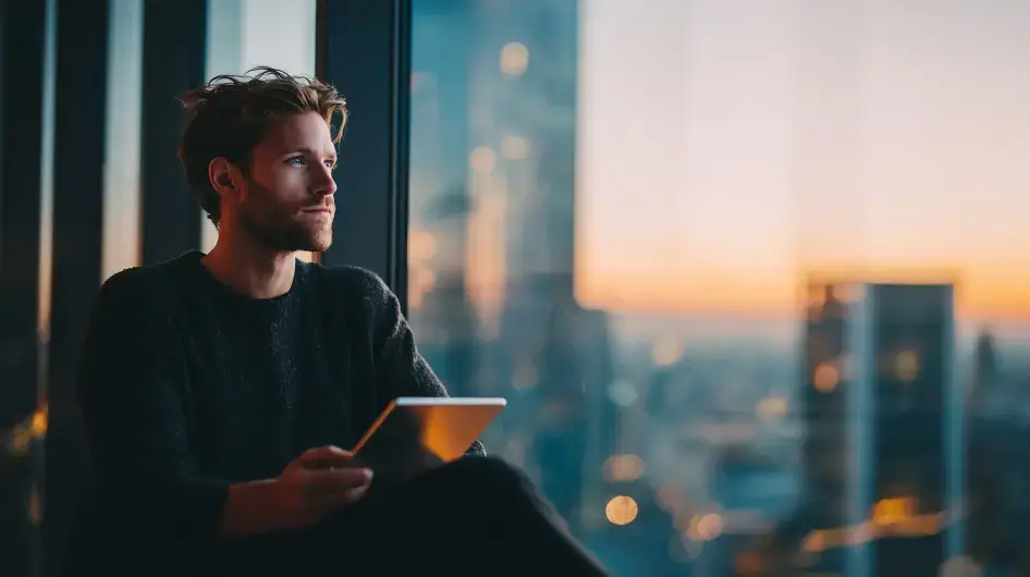 Muž přemýšlí nad strategií firmy, symbol odhodlání a klidu