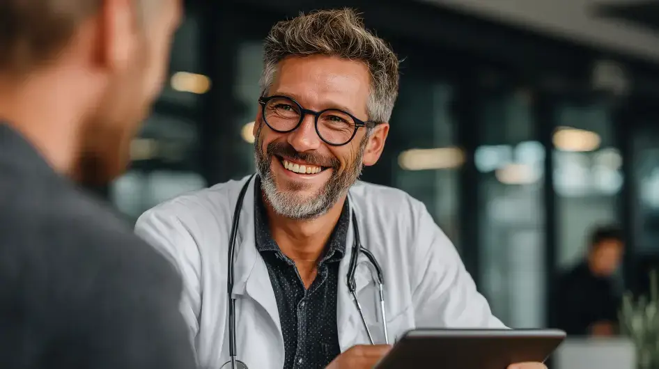 Detailní záběr na lékaře a pacienta při společné konzultaci nad tabletem.