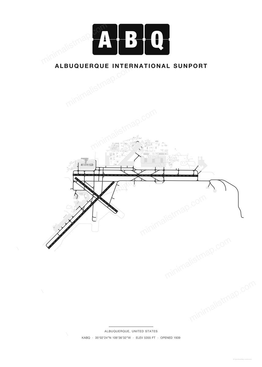 ABQ Albuquerque International Sunport map poster, Classic style, minimalist black and white airport map
