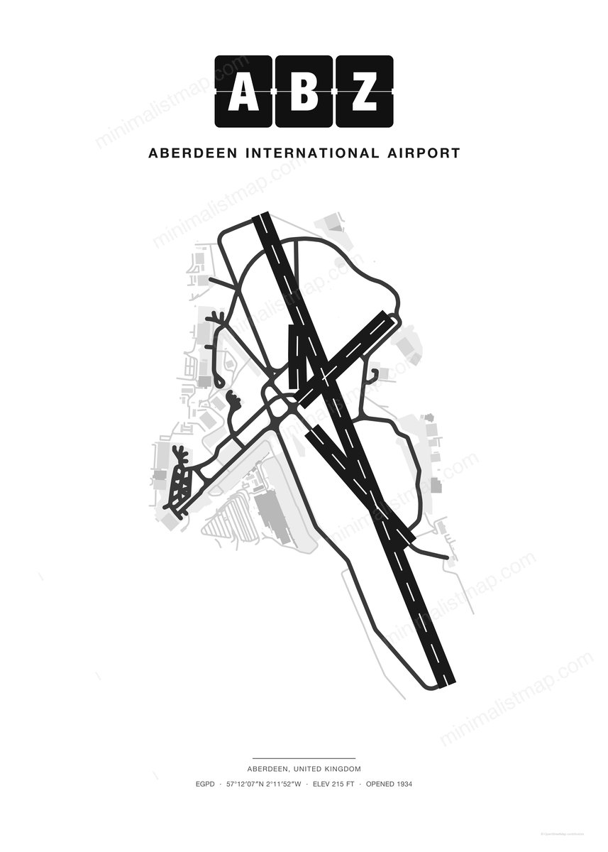 ABZ Aberdeen International Airport map poster, Classic style, minimalist black and white airport map