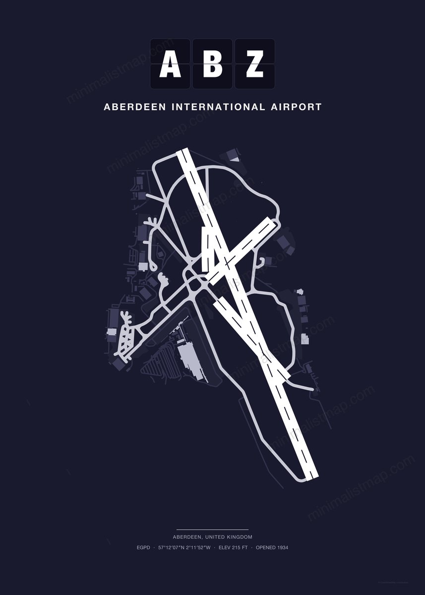 ABZ Aberdeen International Airport map poster, Dark style, minimalist navy airport map