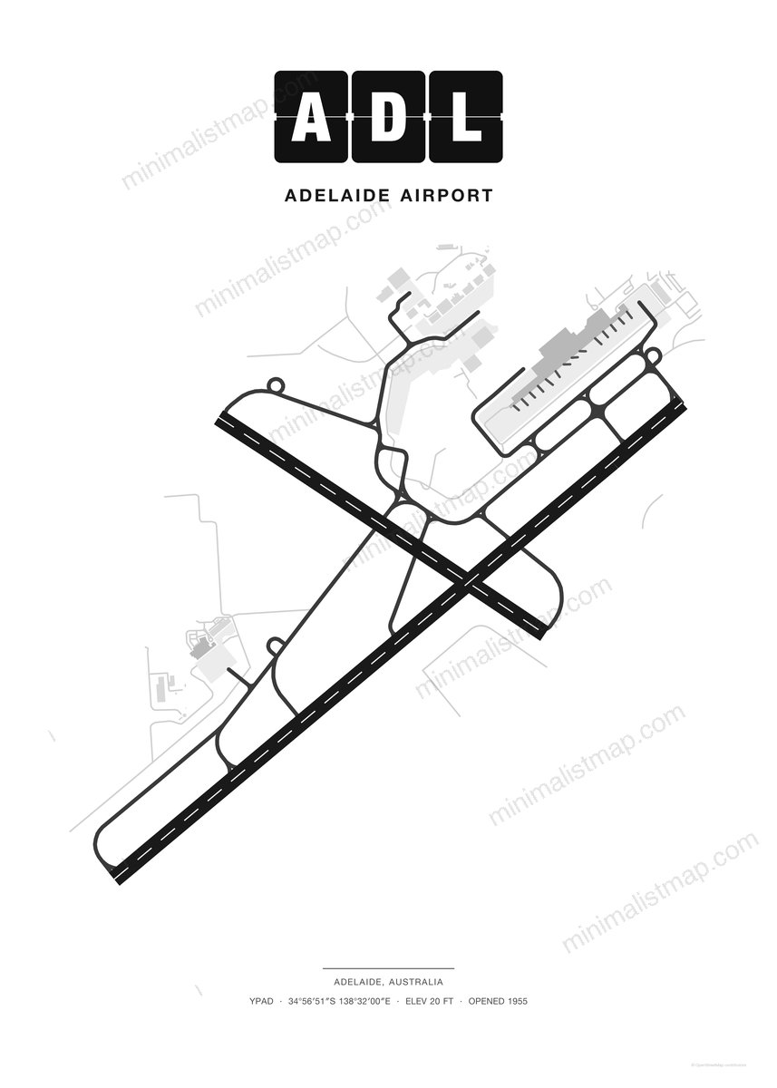 ADL Adelaide Airport map poster, Classic style, minimalist black and white airport map