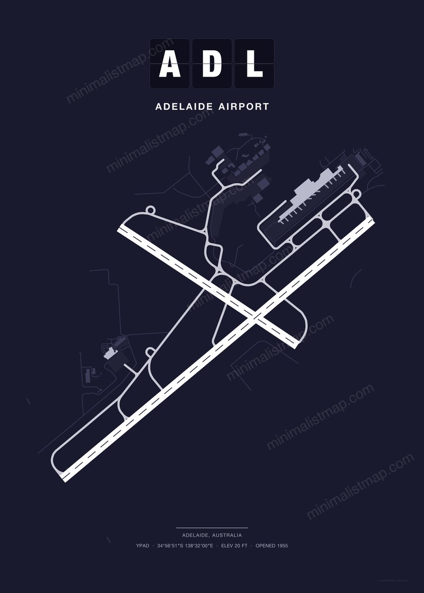ADL Adelaide Airport map poster, Dark style, minimalist navy airport map