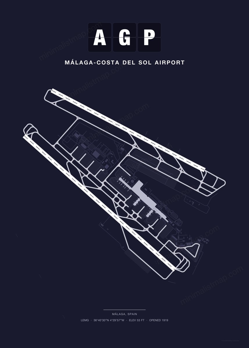 AGP Málaga-Costa del Sol Airport map poster, Dark style, minimalist navy airport map