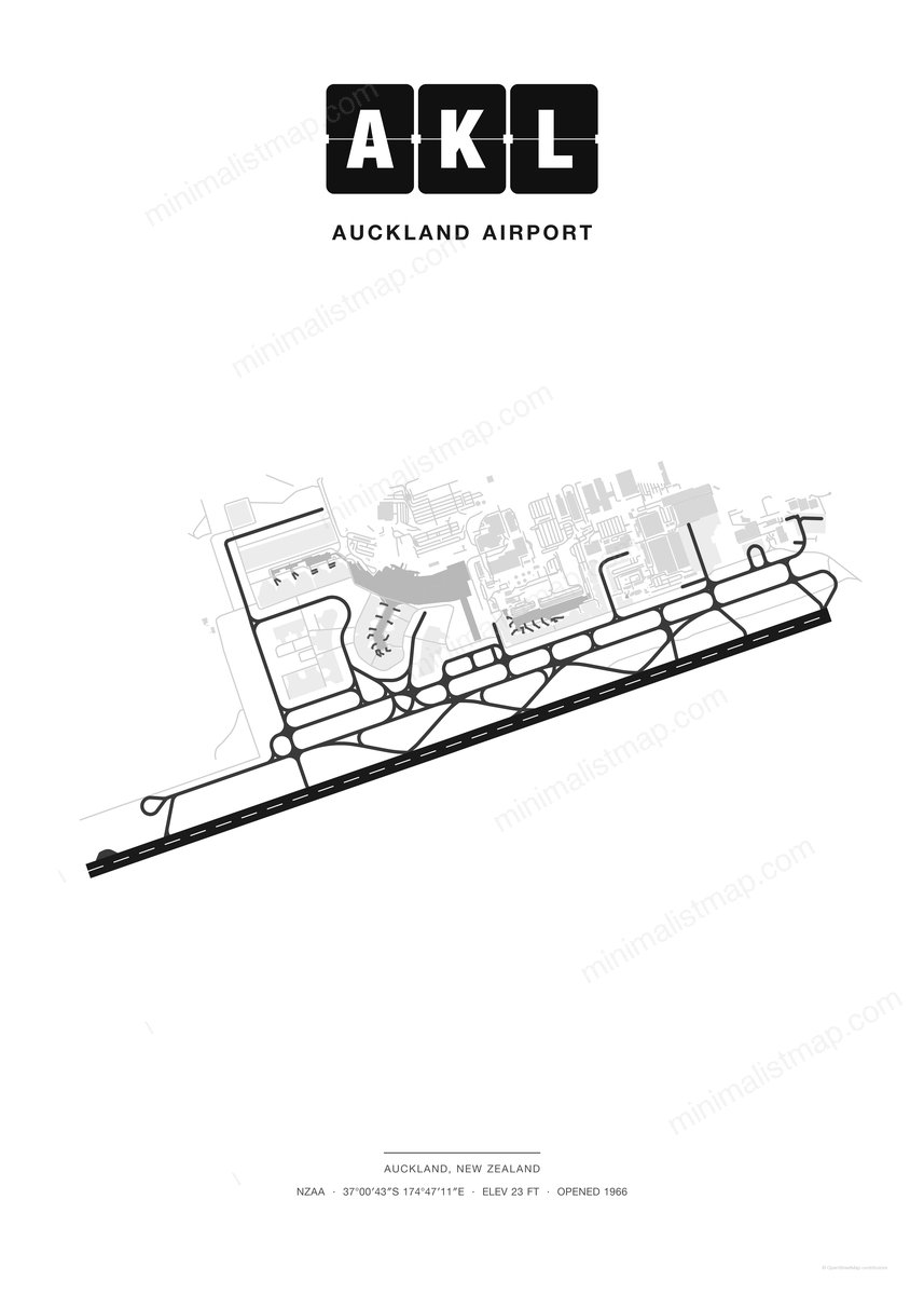 AKL Auckland Airport map poster, Classic style, minimalist black and white airport map
