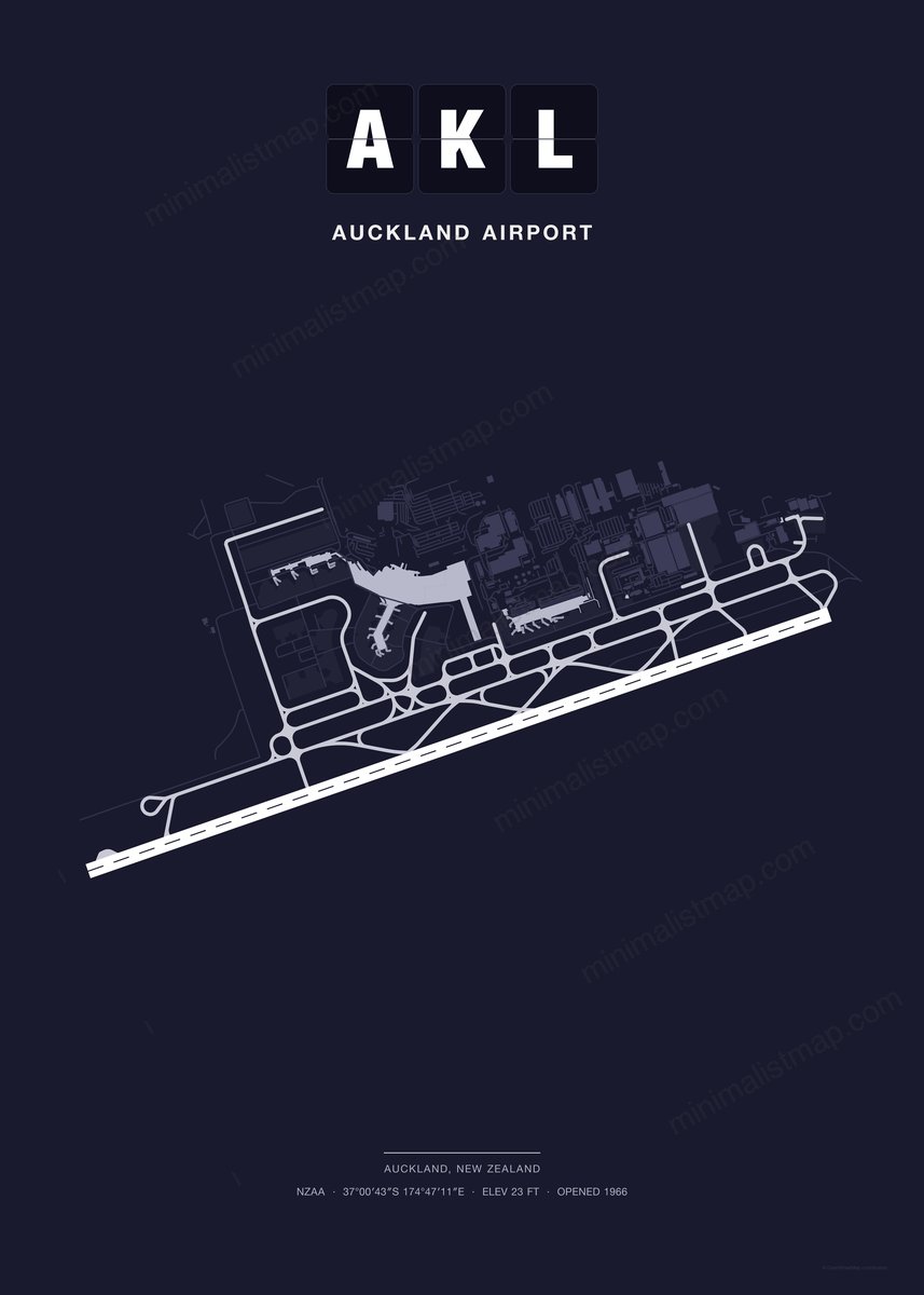 AKL Auckland Airport map poster, Dark style, minimalist navy airport map