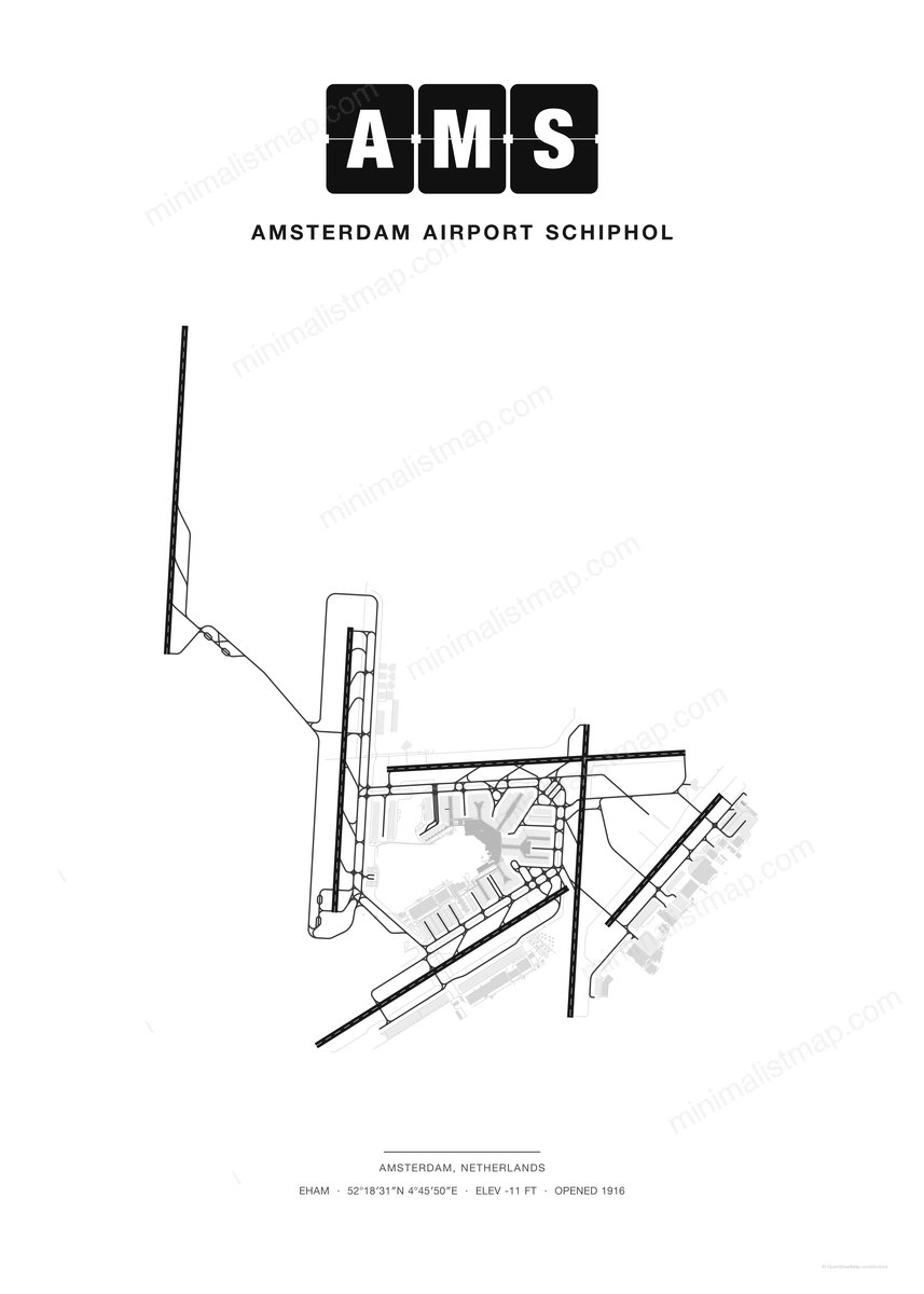 AMS Amsterdam Airport Schiphol map poster, Classic style, minimalist black and white airport map