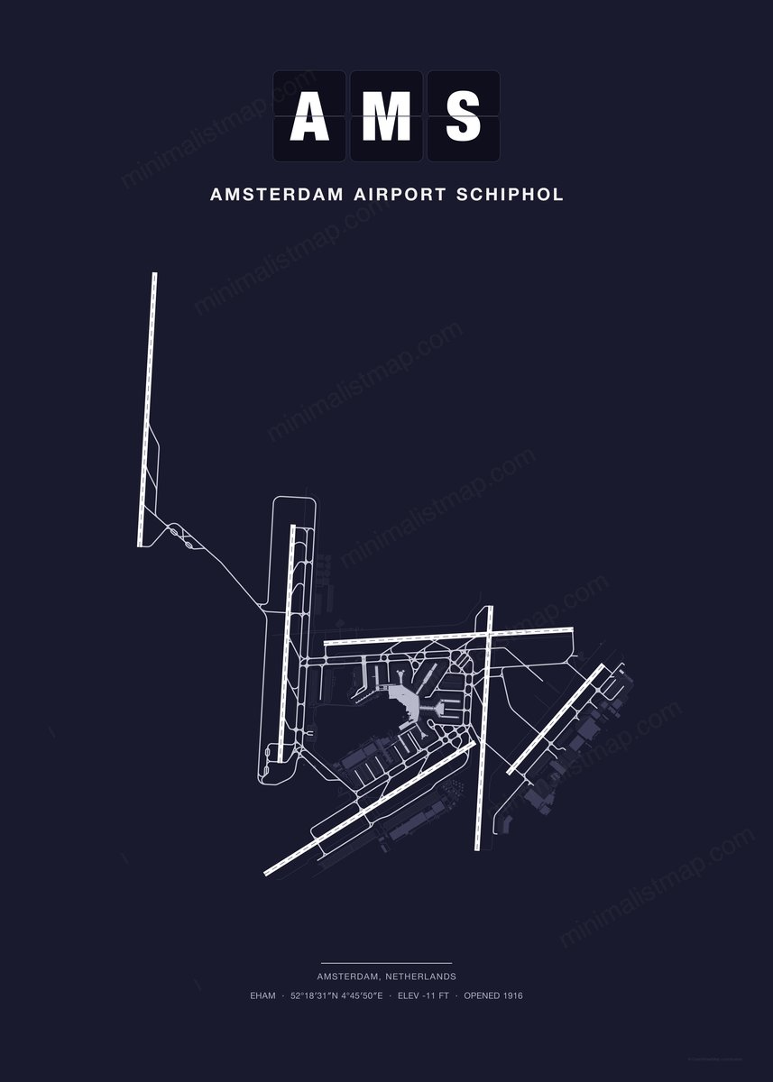 AMS Amsterdam Airport Schiphol map poster, Dark style, minimalist navy airport map