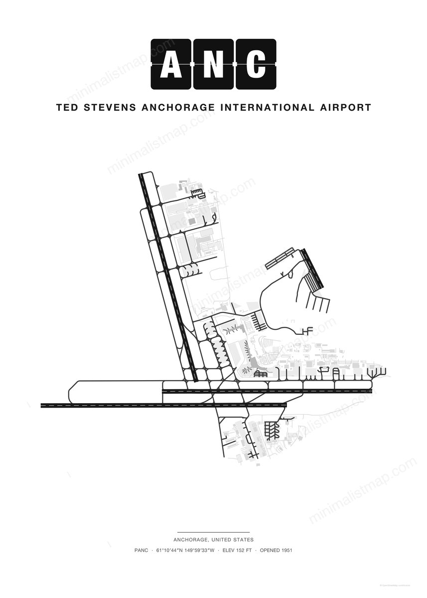ANC Ted Stevens Anchorage International Airport map poster, Classic style, minimalist black and white airport map