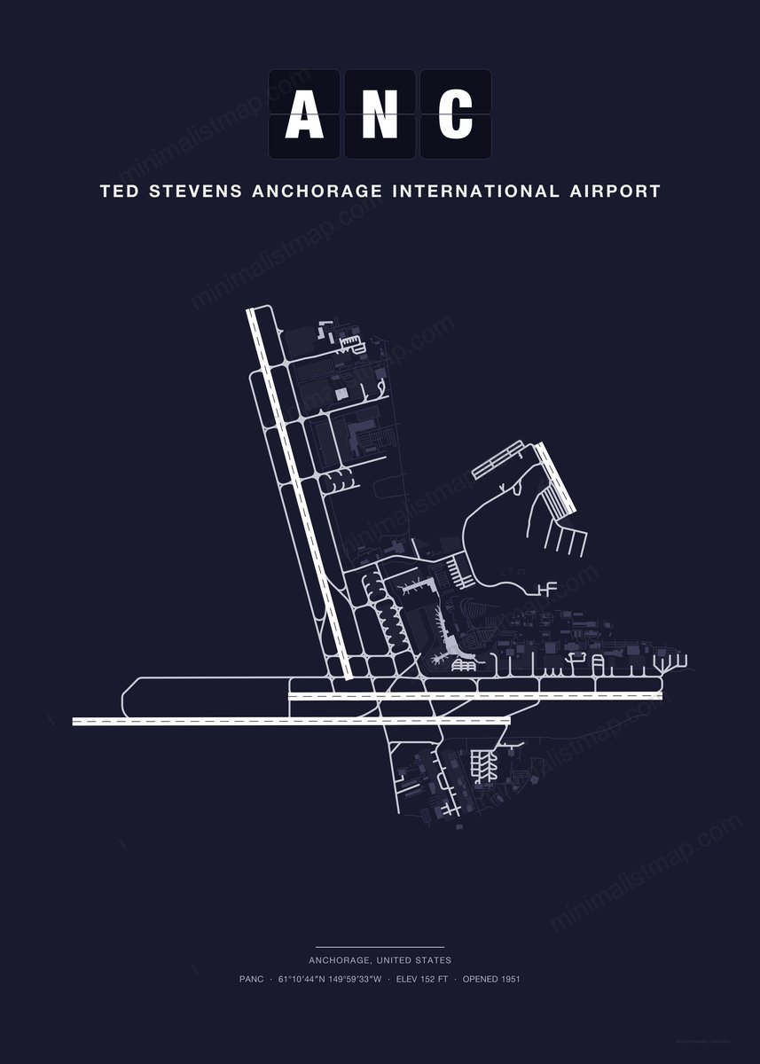 ANC Ted Stevens Anchorage International Airport map poster, Dark style, minimalist navy airport map