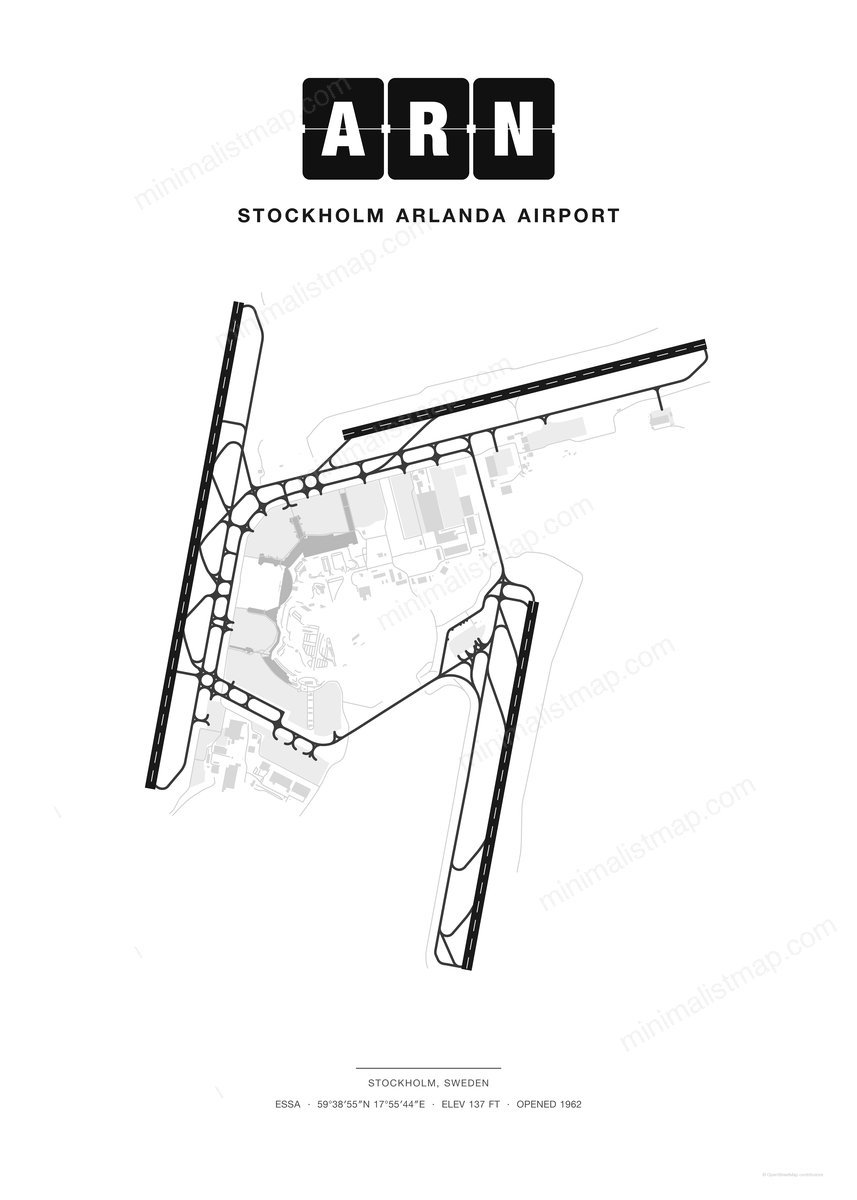 ARN Stockholm Arlanda Airport map poster, Classic style, minimalist black and white airport map
