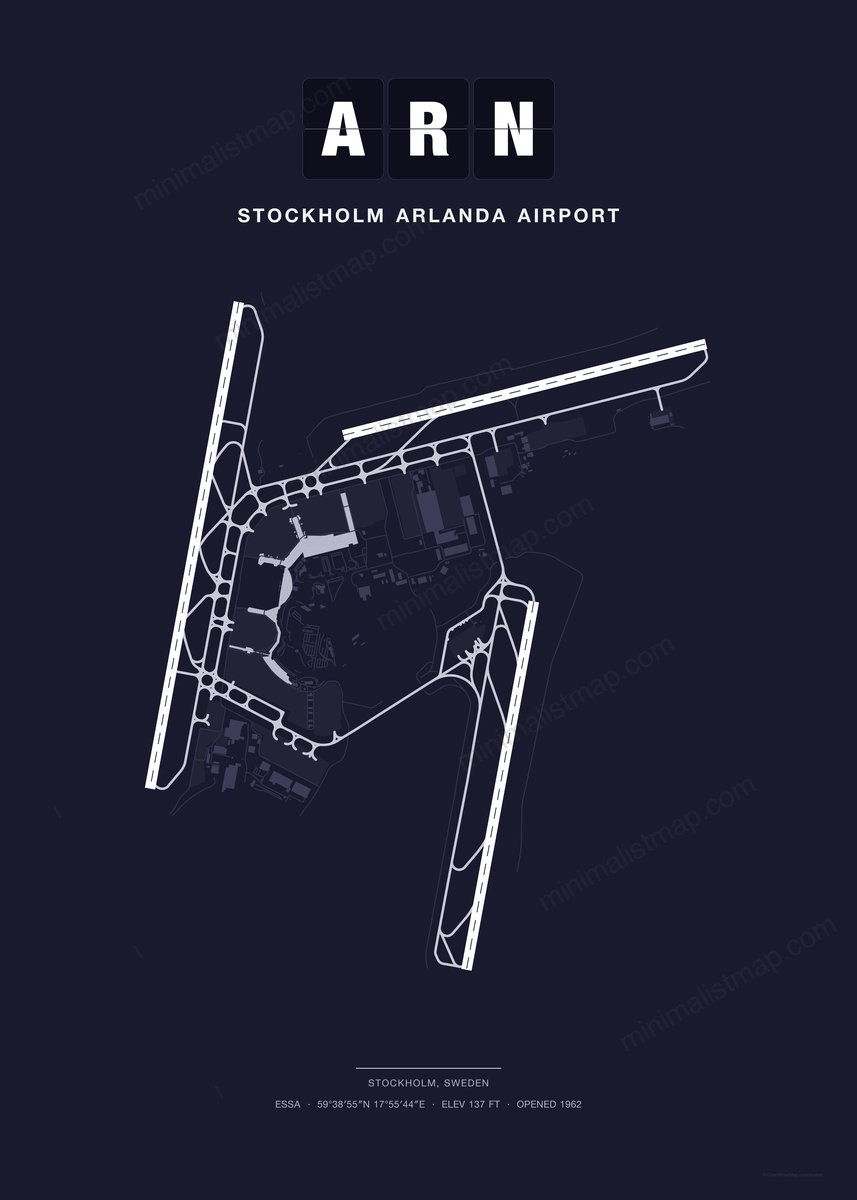 ARN Stockholm Arlanda Airport map poster, Dark style, minimalist navy airport map