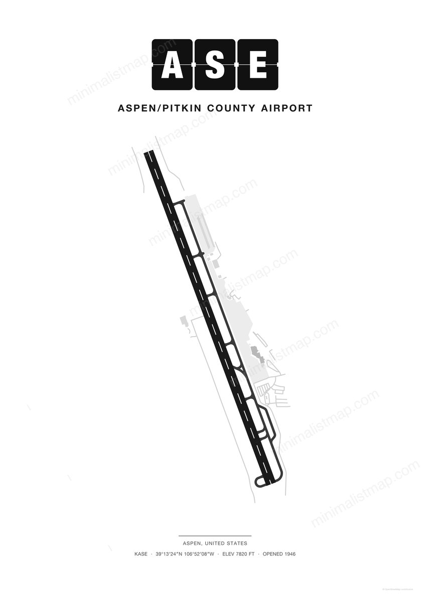 ASE Aspen/Pitkin County Airport map poster, Classic style, minimalist black and white airport map