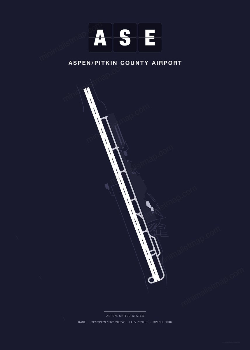 ASE Aspen/Pitkin County Airport map poster, Dark style, minimalist navy airport map