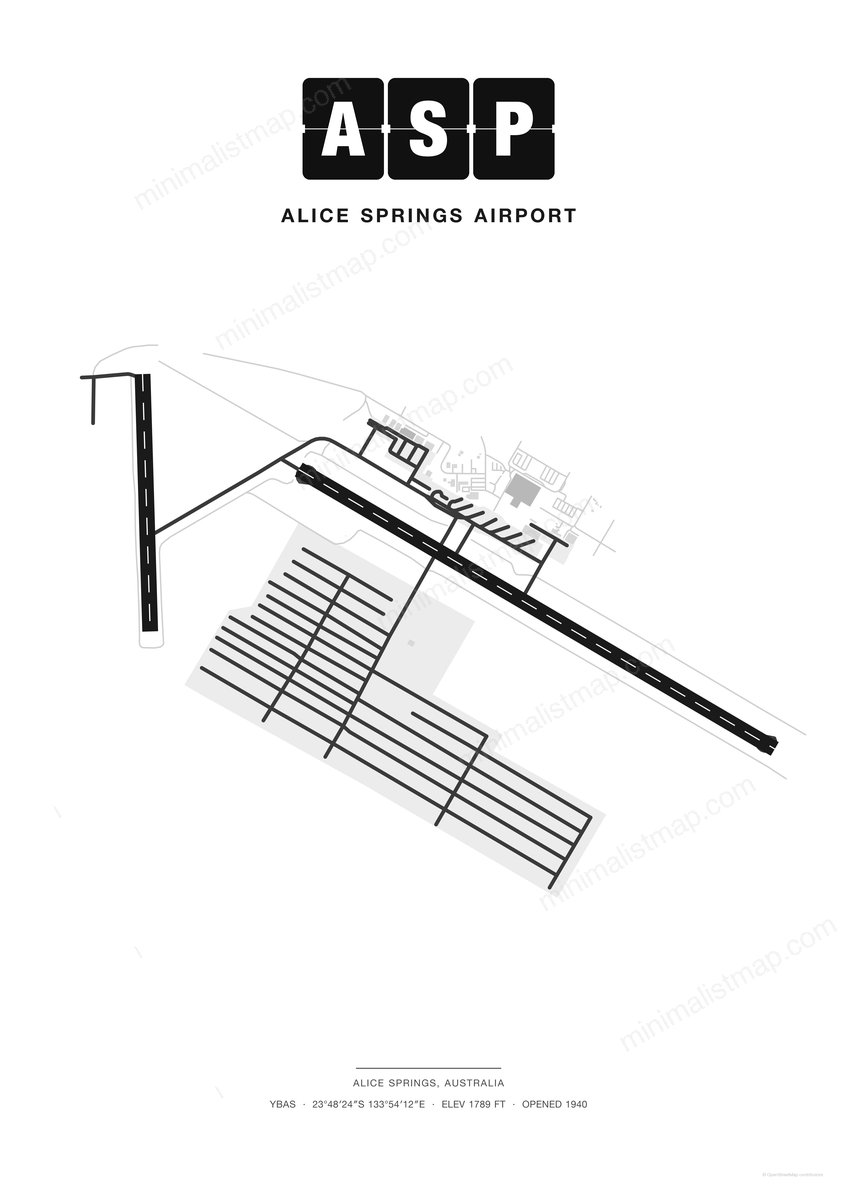 ASP Alice Springs Airport map poster, Classic style, minimalist black and white airport map