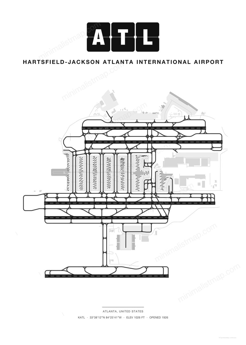 ATL Hartsfield-Jackson Atlanta International Airport map poster, Classic style, minimalist black and white airport map