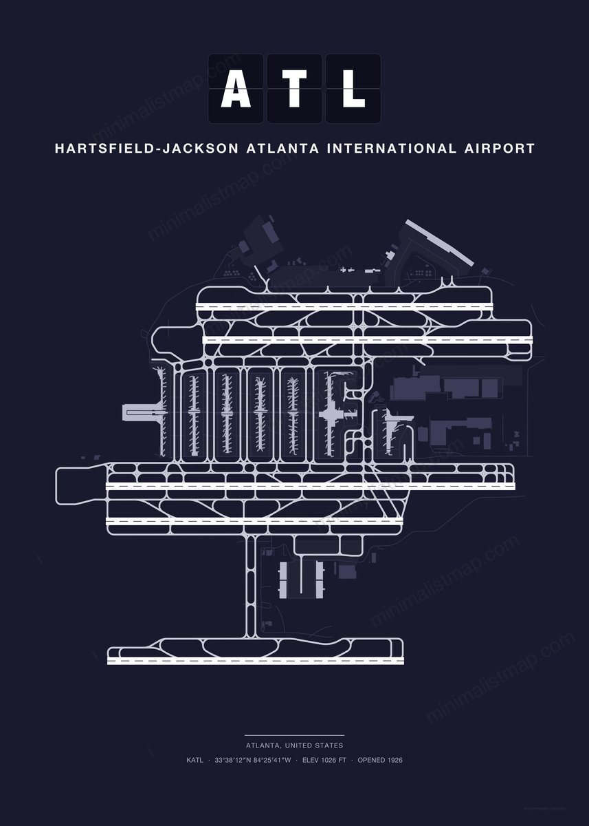 ATL Hartsfield-Jackson Atlanta International Airport map poster, Dark style, minimalist navy airport map