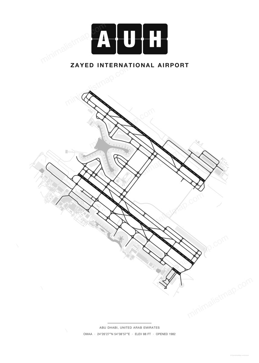 AUH Zayed International Airport map poster, Classic style, minimalist black and white airport map