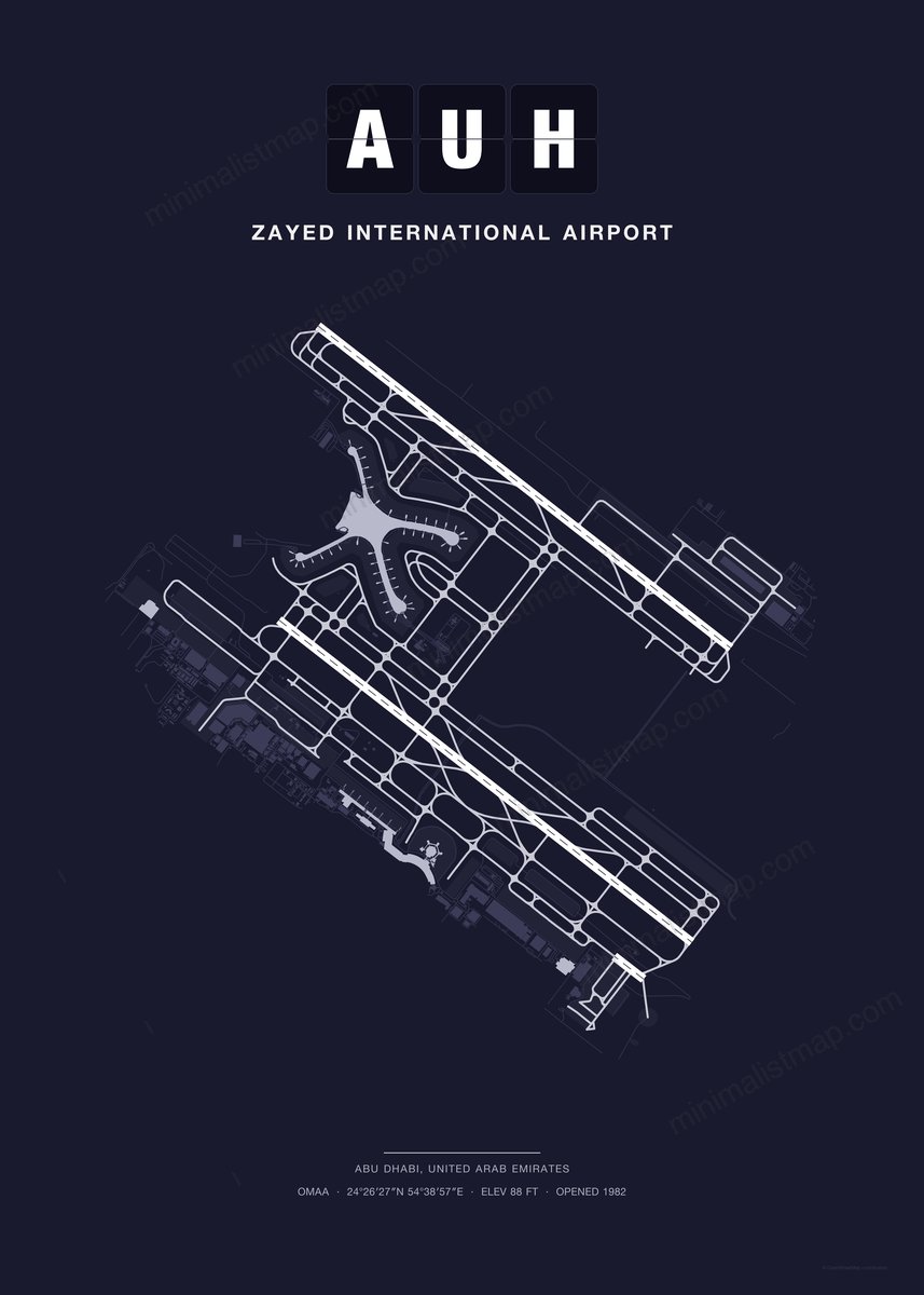AUH Zayed International Airport map poster, Dark style, minimalist navy airport map