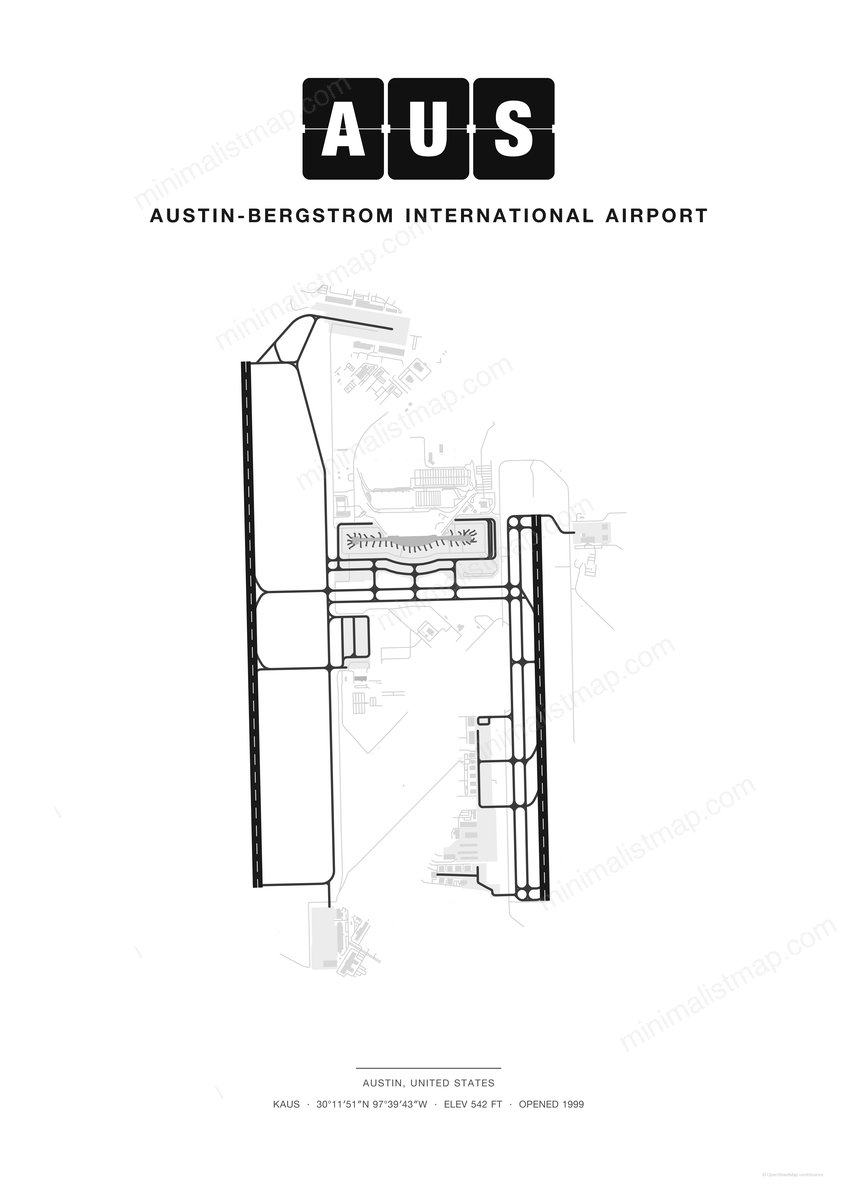 AUS Austin-Bergstrom International Airport map poster, Classic style, minimalist black and white airport map