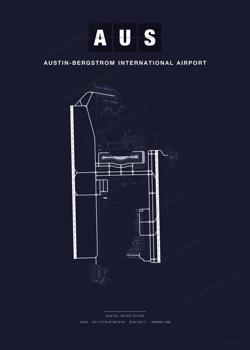 AUS Austin-Bergstrom International Airport map poster, Dark style, minimalist navy airport map