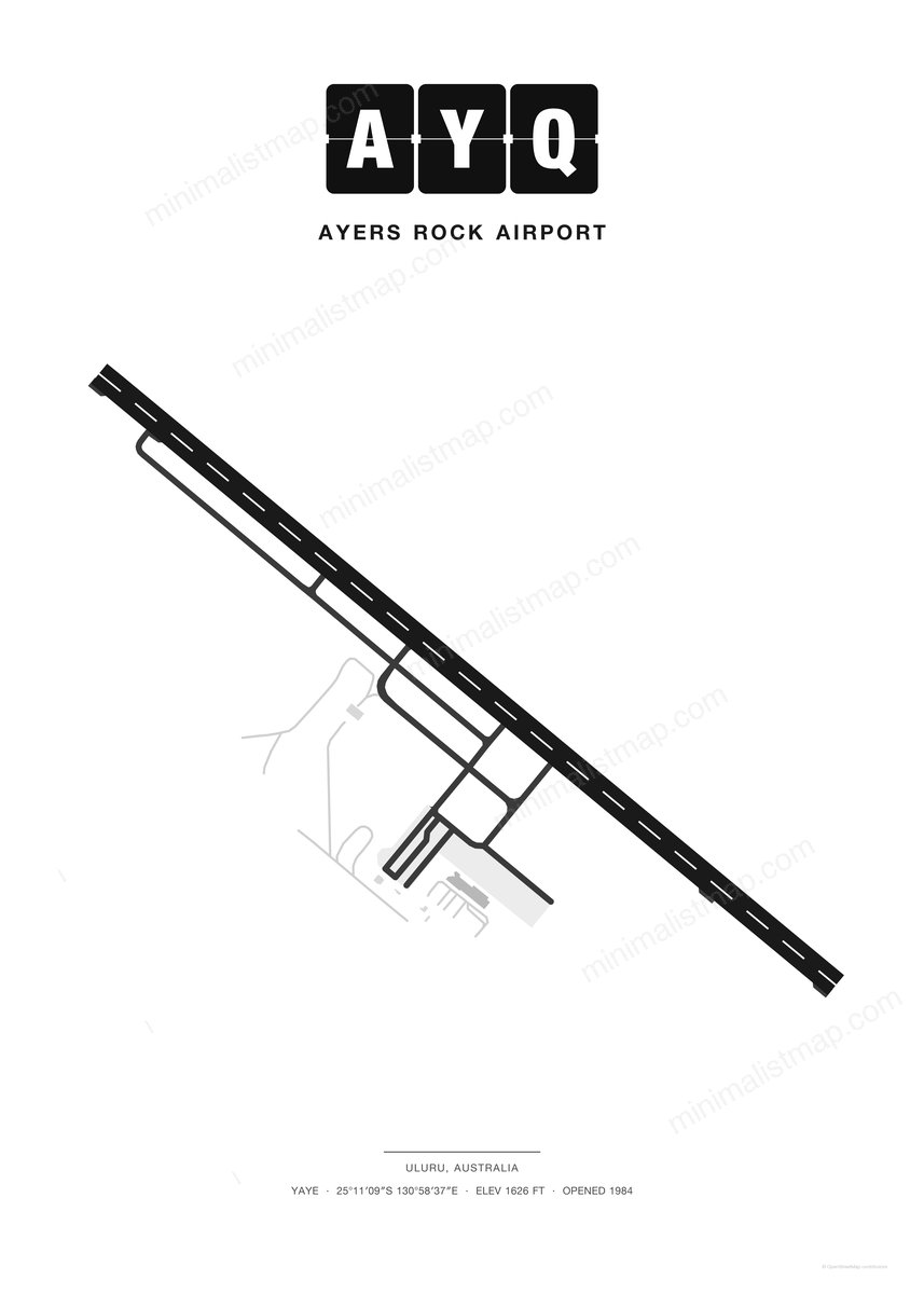 AYQ Ayers Rock Airport map poster, Classic style, minimalist black and white airport map
