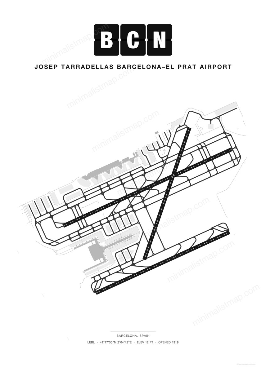 BCN Josep Tarradellas Barcelona–El Prat Airport map poster, Classic style, minimalist black and white airport map
