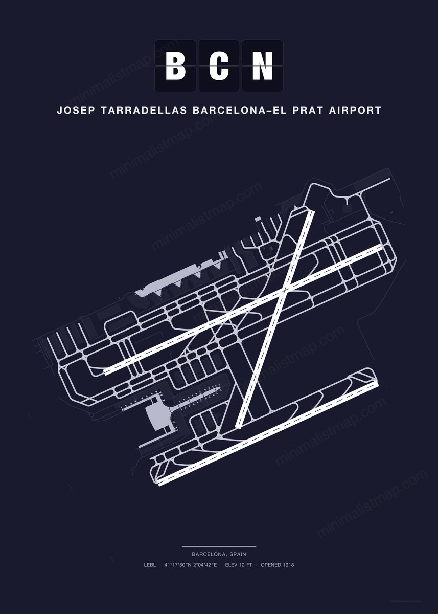 BCN Josep Tarradellas Barcelona–El Prat Airport map poster, Dark style, minimalist navy airport map