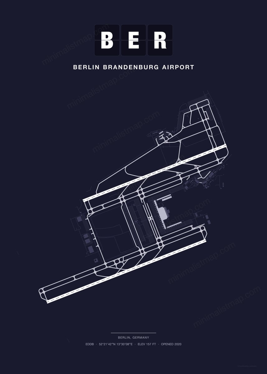 BER Berlin Brandenburg Airport map poster, Dark style, minimalist navy airport map