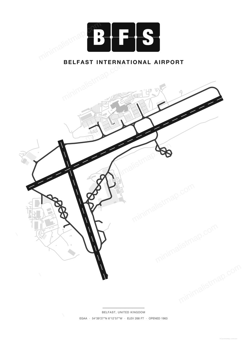 BFS Belfast International Airport map poster, Classic style, minimalist black and white airport map