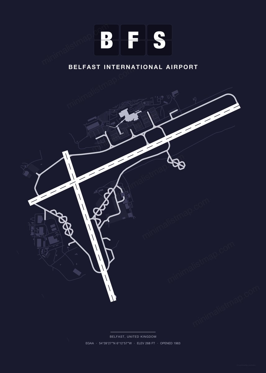 BFS Belfast International Airport map poster, Dark style, minimalist navy airport map