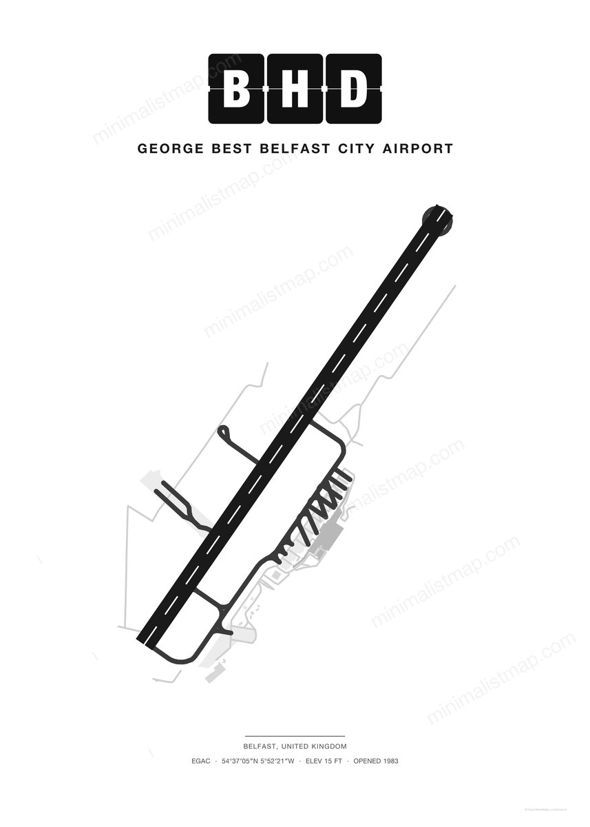 BHD George Best Belfast City Airport map poster, Classic style, minimalist black and white airport map