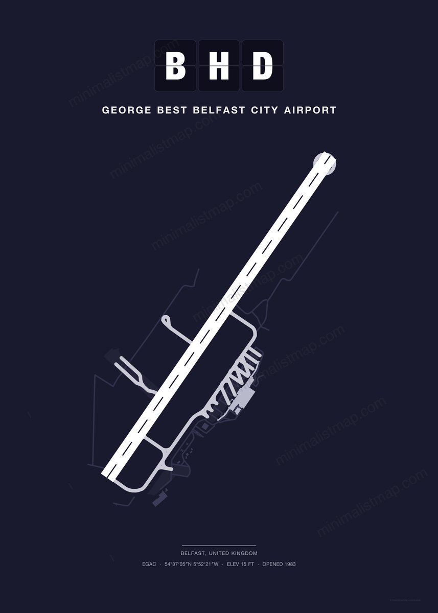 BHD George Best Belfast City Airport map poster, Dark style, minimalist navy airport map