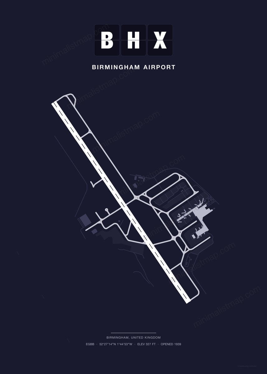 BHX Birmingham Airport map poster, Dark style, minimalist navy airport map