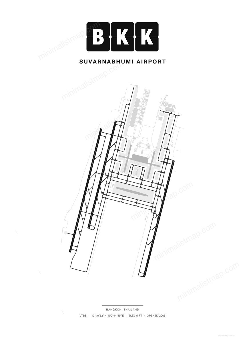 BKK Suvarnabhumi Airport map poster, Classic style, minimalist black and white airport map