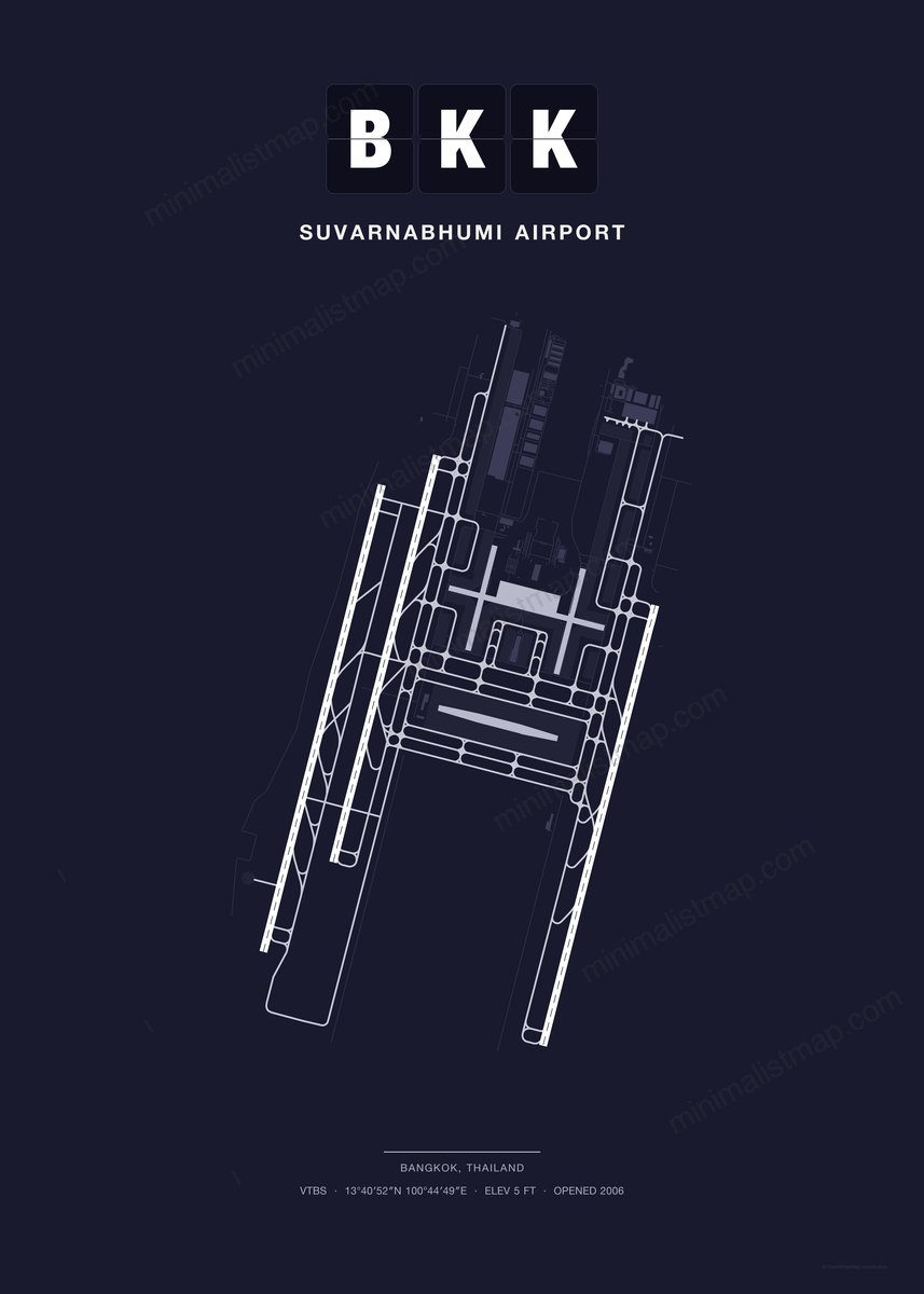 BKK Suvarnabhumi Airport map poster, Dark style, minimalist navy airport map