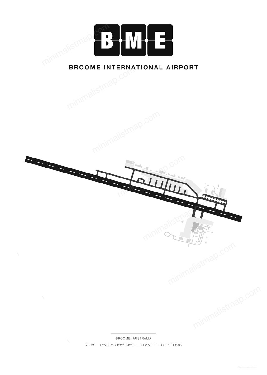 BME Broome International Airport map poster, Classic style, minimalist black and white airport map