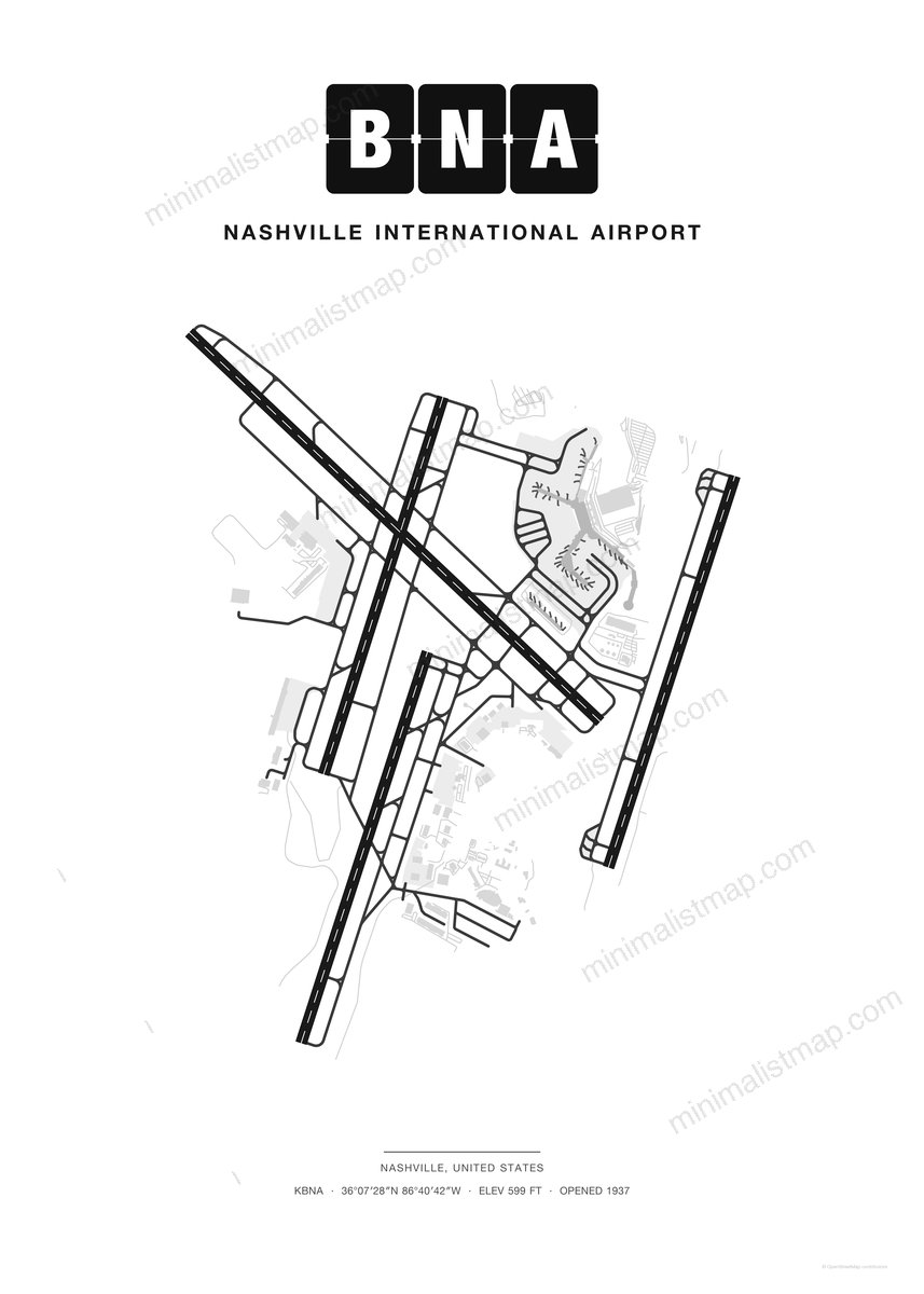 BNA Nashville International Airport map poster, Classic style, minimalist black and white airport map