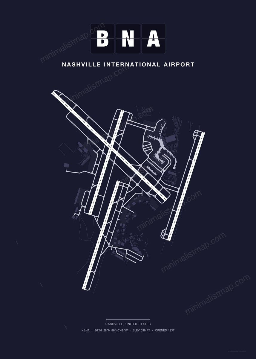 BNA Nashville International Airport map poster, Dark style, minimalist navy airport map