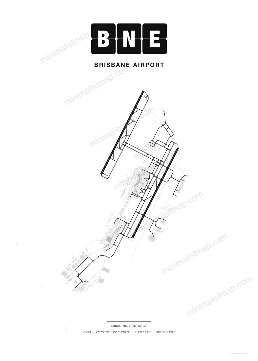 BNE Brisbane Airport map poster, Classic style, minimalist black and white airport map
