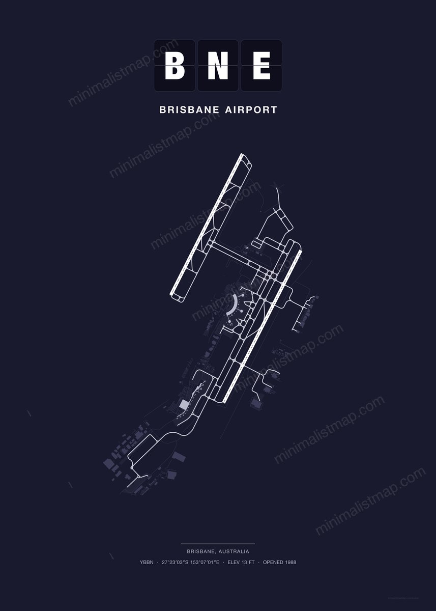 BNE Brisbane Airport map poster, Dark style, minimalist navy airport map