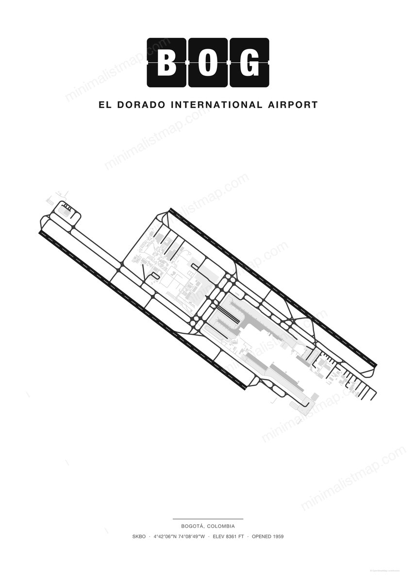 BOG El Dorado International Airport map poster, Classic style, minimalist black and white airport map
