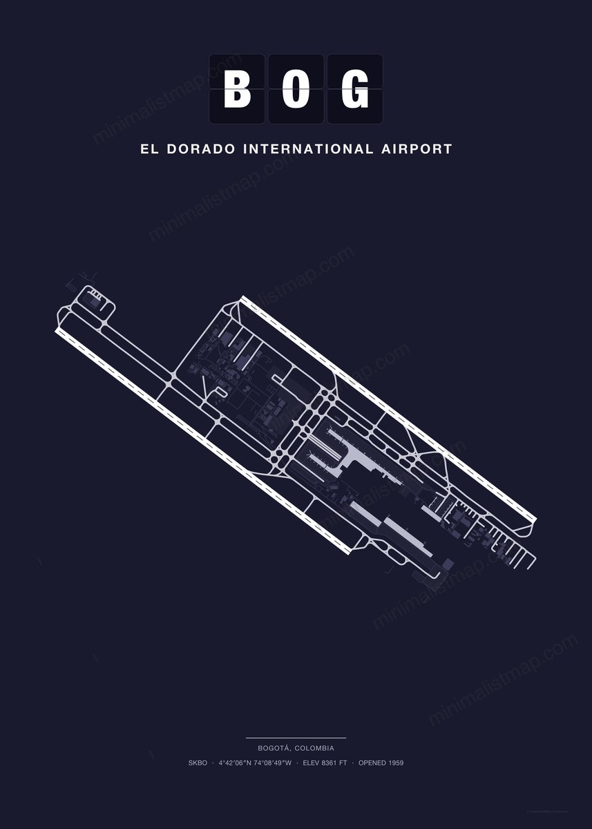 BOG El Dorado International Airport map poster, Dark style, minimalist navy airport map