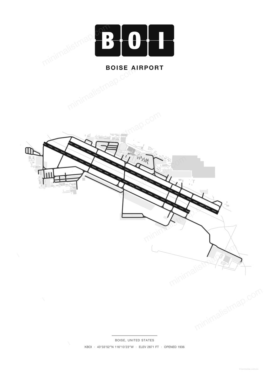 BOI Boise Airport map poster, Classic style, minimalist black and white airport map