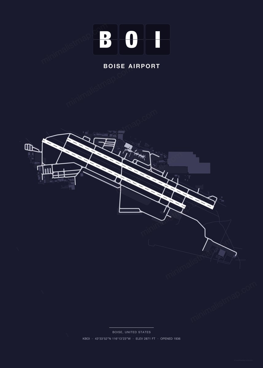 BOI Boise Airport map poster, Dark style, minimalist navy airport map
