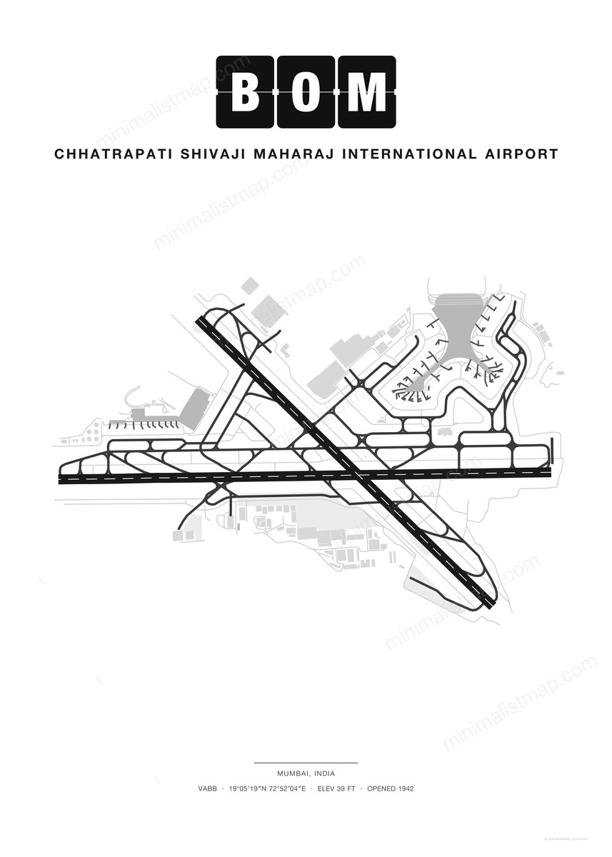 BOM Chhatrapati Shivaji Maharaj International Airport map poster, Classic style, minimalist black and white airport map