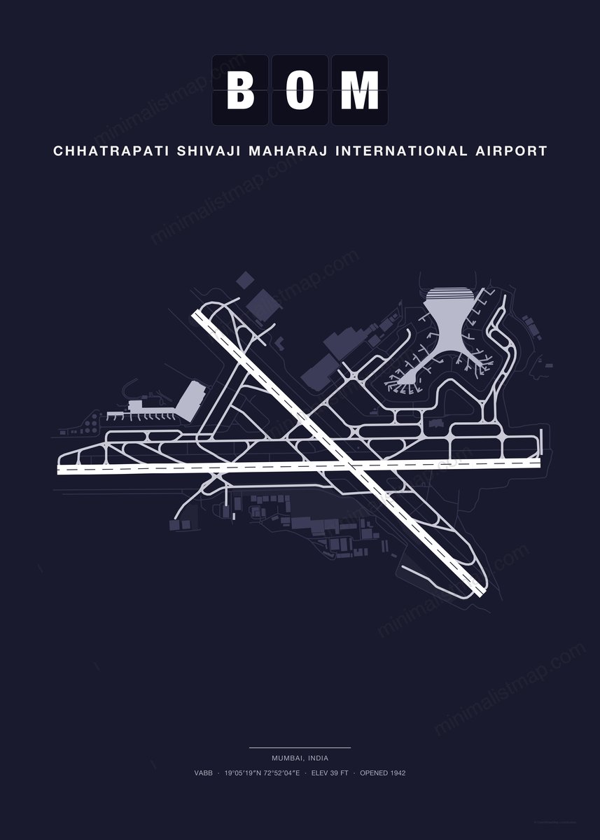 BOM Chhatrapati Shivaji Maharaj International Airport map poster, Dark style, minimalist navy airport map