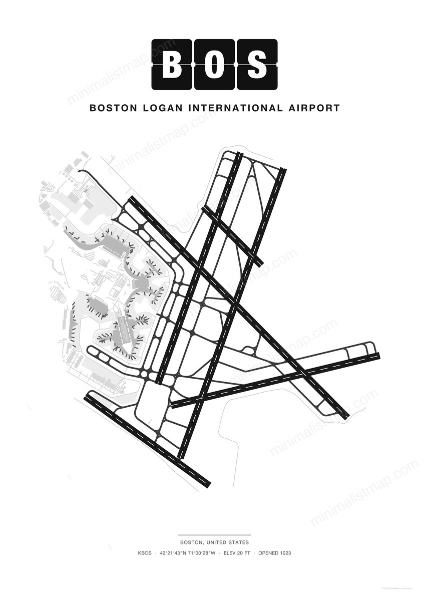 BOS Boston Logan International Airport map poster, Classic style, minimalist black and white airport map