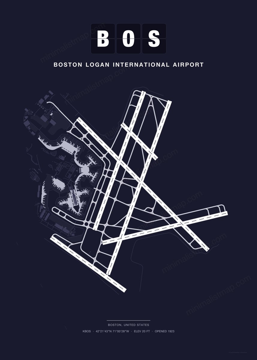 BOS Boston Logan International Airport map poster, Dark style, minimalist navy airport map