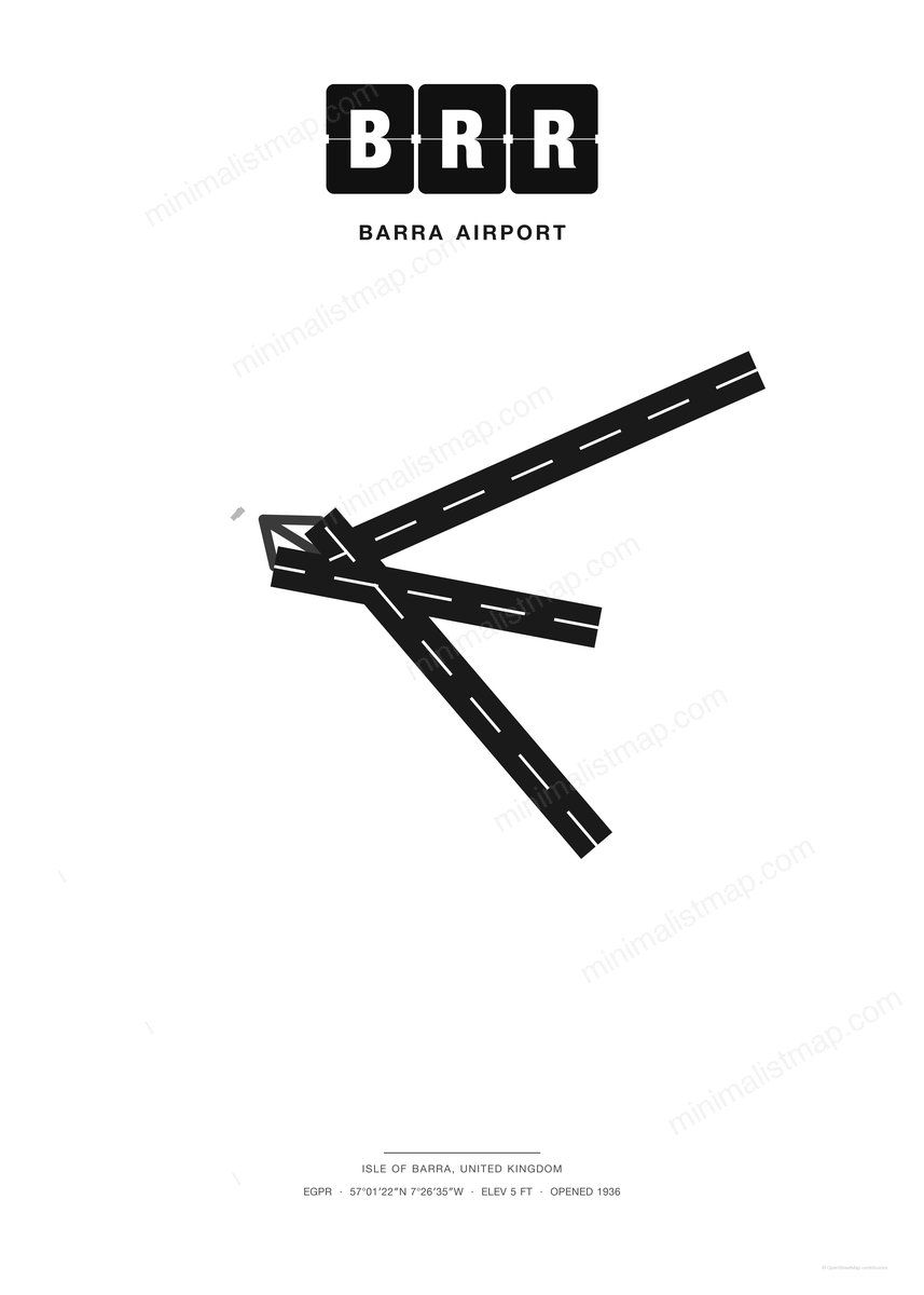 BRR Barra Airport map poster, Classic style, minimalist black and white airport map